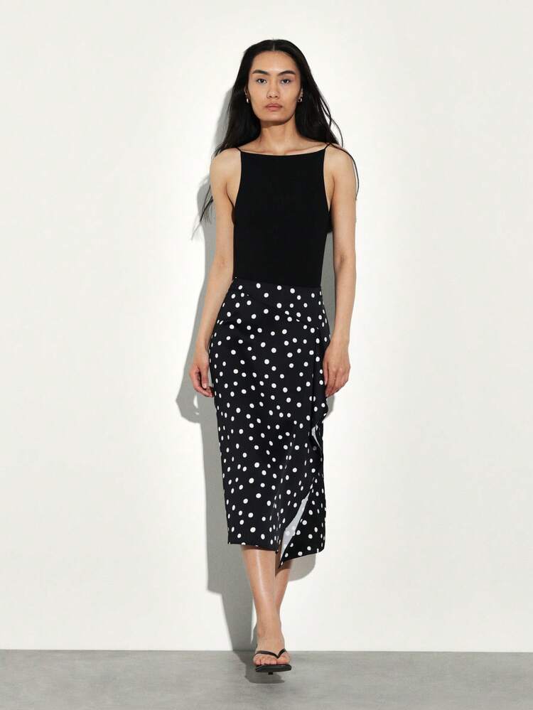 KSTM Polka Dot Midi Skirt With Ruffle Hem Detail High Waisted Wrap Style Casual Summer Spring Fall Vintage Retro Fashion
