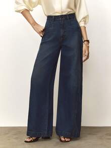 Daynim Calça Jeans Feminina Wide Leg com Bolsos Diferenciados Lavagem Escura sem taxa de importação - Lavagem escura - Visão 1