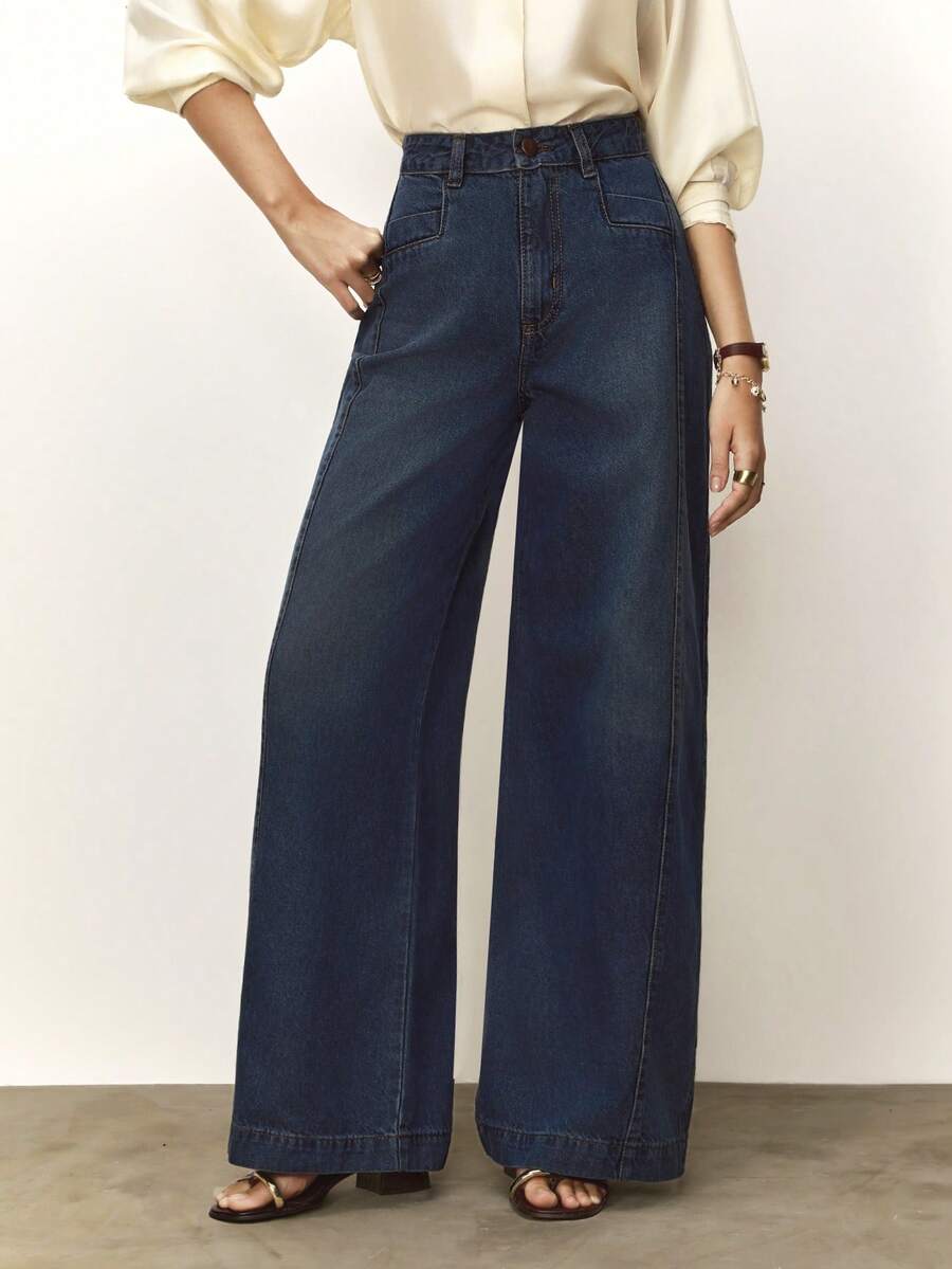 Daynim Calça Jeans Feminina Wide Leg com Bolsos Diferenciados Lavagem Escura sem taxa de importação - Lavagem escura - Visão 1