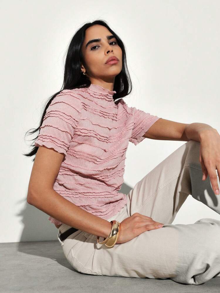 KSTM Women Textured Mock Neck Short Sleeve Top With Ruched Detail And Fringe Hem Design For Spring Summer