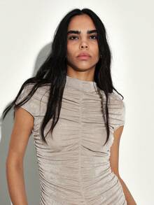 KSTM Gathered Mock Neck Short Sleeve Top With Ruched Detail For Casual Summer Fashion - Khaki - View 5