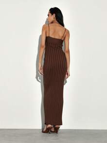 KSTM Ribbed Knit Brown Sleeveless Bodycon Sweater Dress Spaghetti Strap Long Maxi Evening Formal - Coffee Brown - View 2