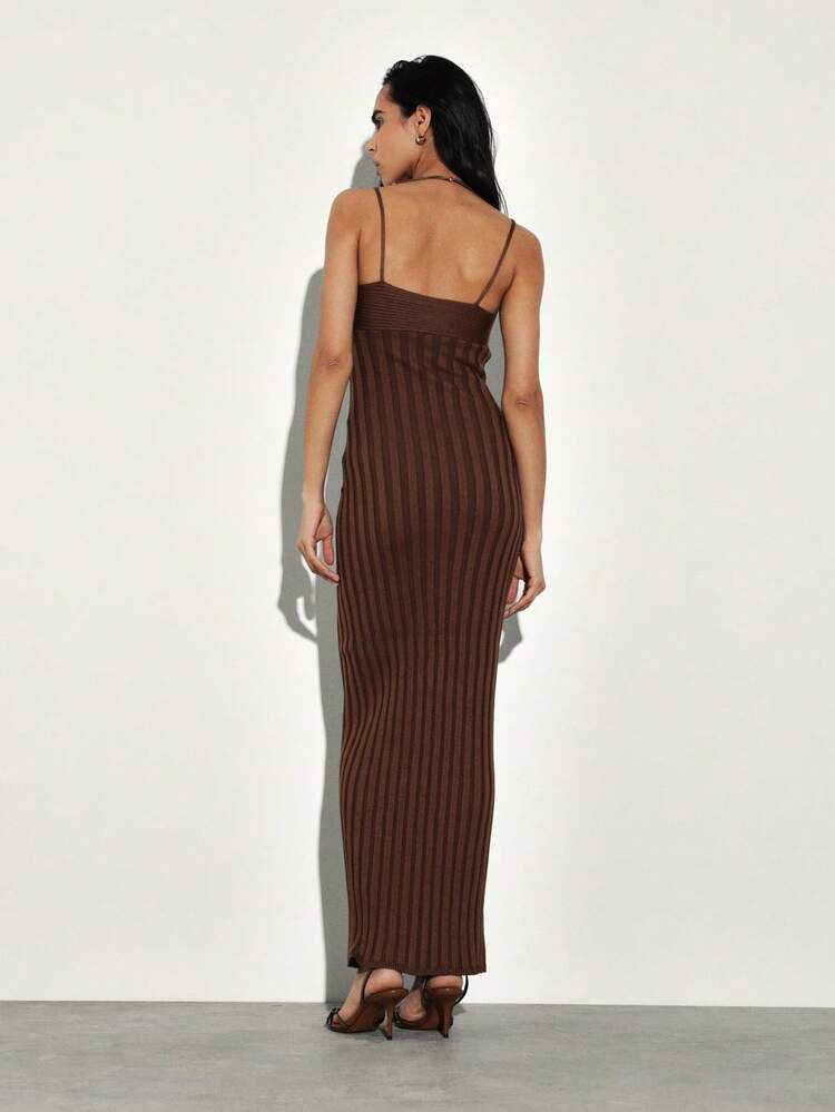 KSTM Robe pull fourreau marron côtelé sans manches, robe de soirée longue et habillée avec bretelles spaghetti