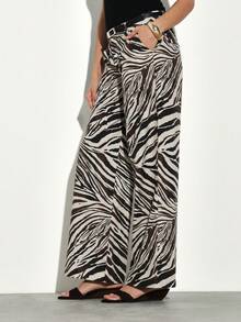 KSTM Pantalon large à taille haute et imprimé zébré avec silhouette fluide pour un style décontracté d'été pour femmes - Multicolore - Voir 4