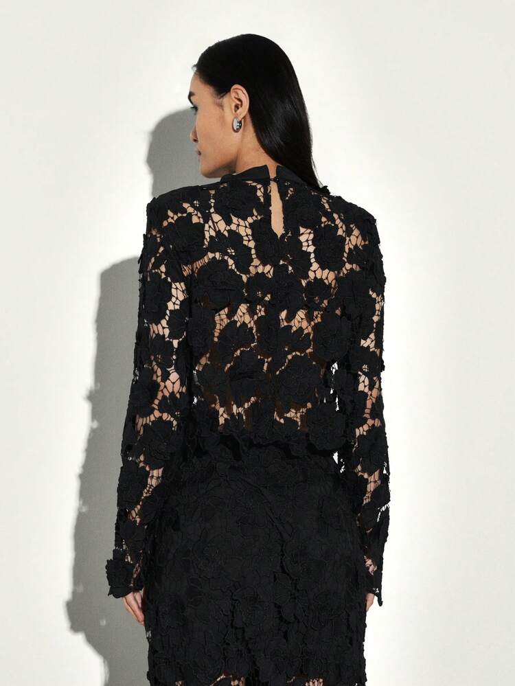 KSTM Elegante schwarze Spitzenbluse mit bestickter Feder-Verzierung, langärmeliges Mock-Neck Top für Partys, Abendveranstaltungen, formelle Anlässe, feminin