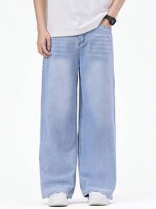 SHEIN Mirajuku 休闲宽松直筒水洗灰色牛仔裤，适合青少年和年轻男士，四季皆宜 - 淺色水洗藍 - 查看 3