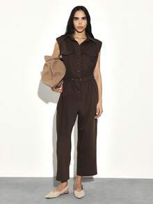 KSTM Sleeveless Utility Jumpsuit With Chest Pockets And Belted Waist For Casual Everyday Wear - Brown - View 3