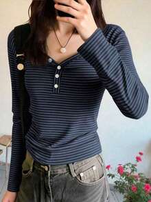 EMERY ROSE Camiseta de manga larga a rayas de estilo casual para mujer, otoño - Azul - Ver 3