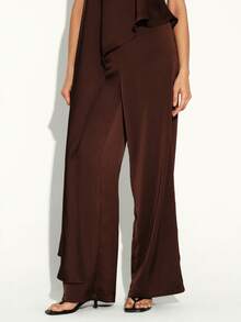 KSTM Strapless Asymmetric Ruffle Wide Leg Palazzo Pants High Waisted Formal Evening Elegant Chic Dressy Sophisticated Flowy Silky Luxe Trousers - Chocolate Brown - View 3