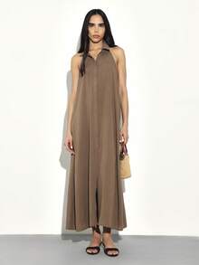 KSTM Halter Neck Button Front Long Dress With Open Back Design Summer Maxi Dress - Brown - View 1