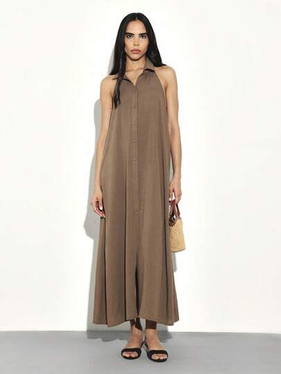KSTM Halter Neck Button Front Long Dress With Open Back Design Summer Maxi  DressMISSGUIDED