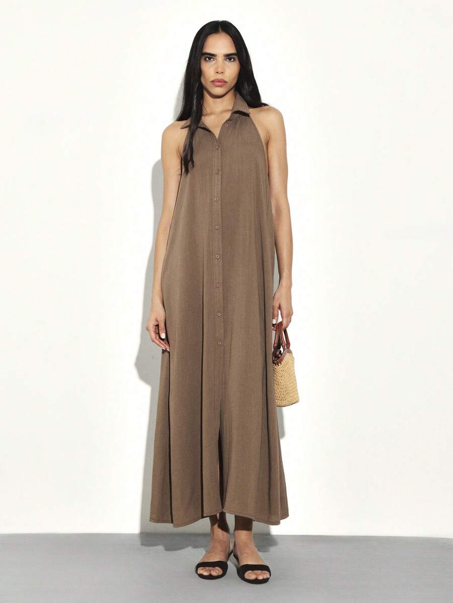KSTM Halter Neck Button Front Long Dress With Open Back Design Summer Maxi Dress - Brown - View 1