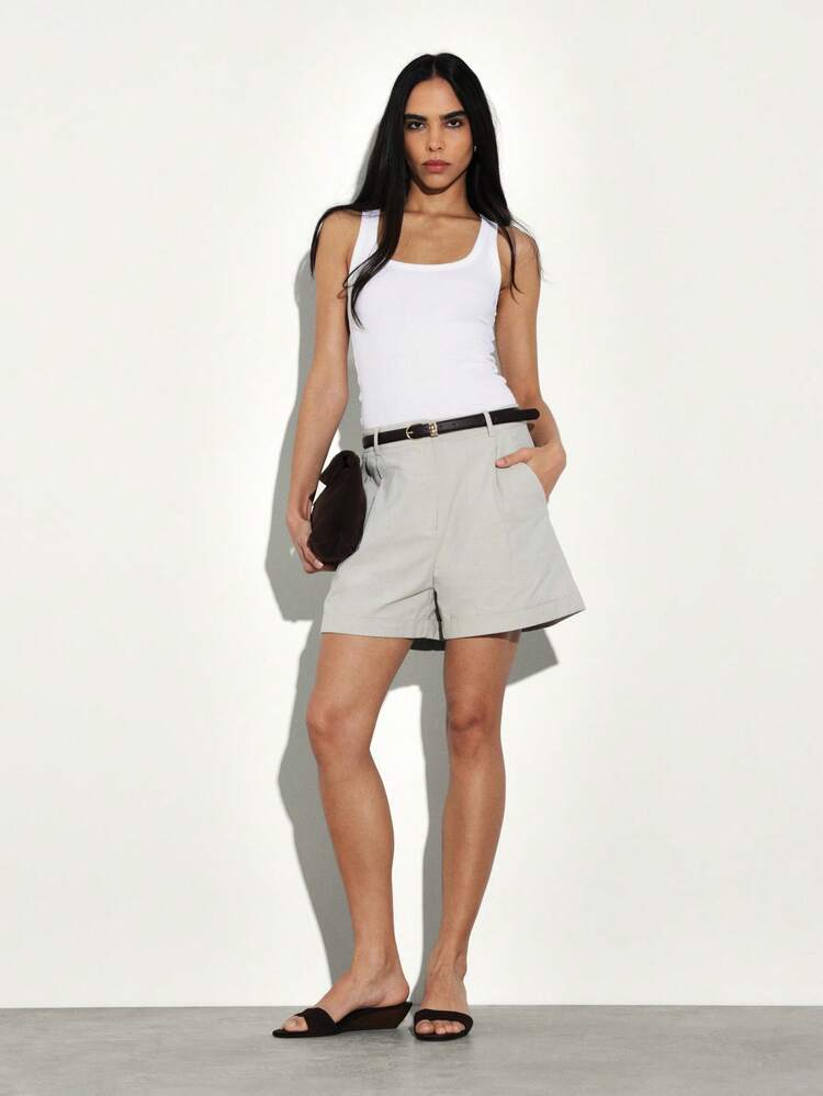 KSTM High Waisted Light Grey Tailored Bermuda Shorts With Side Pockets And Belt Loops Summer Casual Women's Mid Thigh Length Cotton Blend Relaxed Fit Bottoms