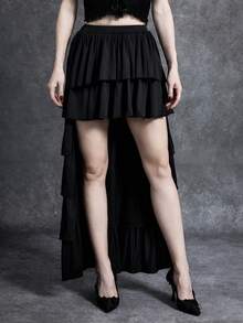 Glisette 优雅派对及街头风黑色针织短前长后褶裥修身半身裙，夏秋季款 - 黑色 - 查看 1