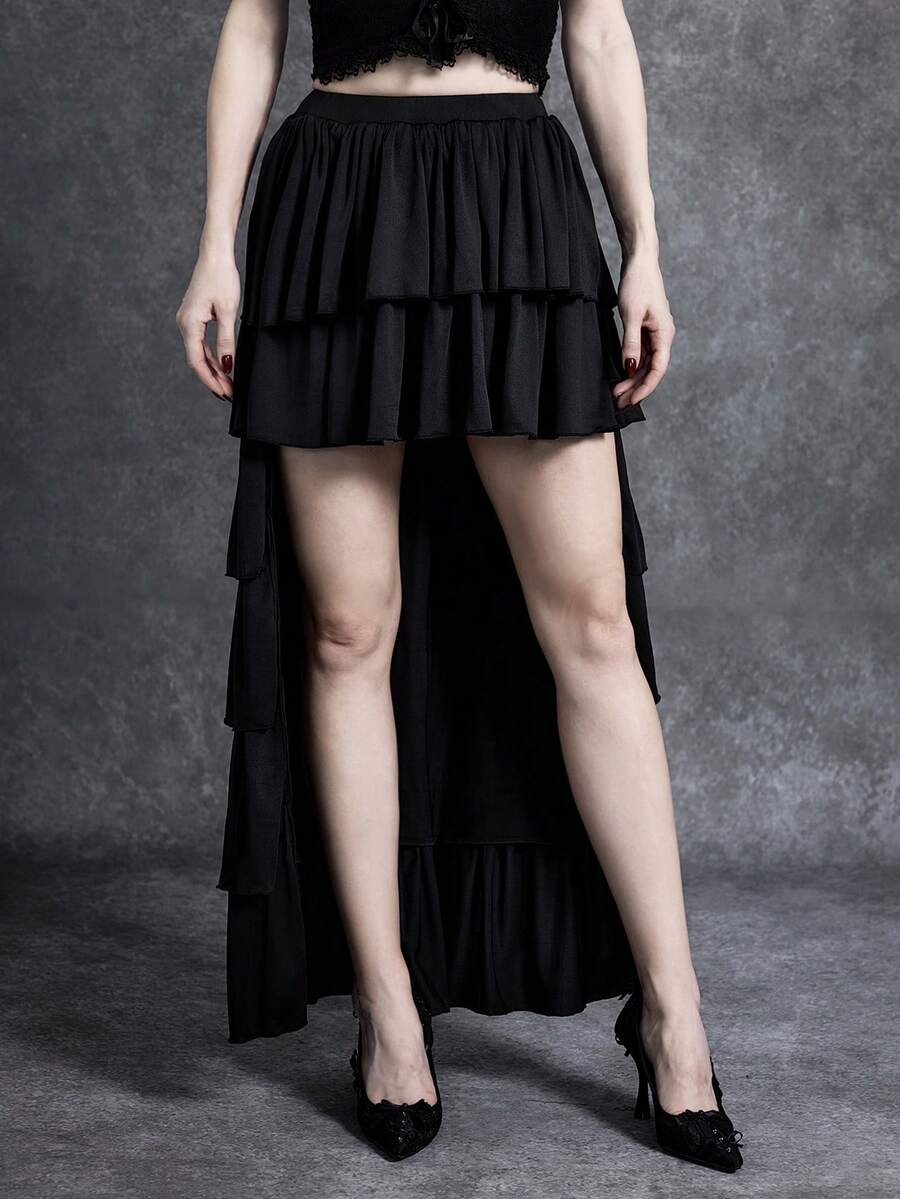 Glisette 优雅派对及街头风黑色针织短前长后褶裥修身半身裙，夏秋季款 - 黑色 - 查看 1