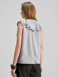 Ontre Women's Black & White Blouse, Comfortable Woven Fabric, Ruffle Trim, Loose Fit, Modern Urban Fashion, Business Casual Office Wear, Versatile Spring/Summer Top - Black and White - View 4