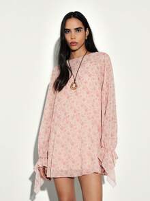 KSTM 碎花雪纺迷你连衣裙，长袖，波西米亚风手帕下摆，适合节日、春夏休闲穿着，尽显女性柔美气质 - 粉色 - 查看 4