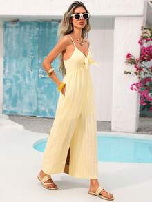 Vivid Eden 女士度假休闲条纹连体裤 - 鵝黃色 - 查看 9