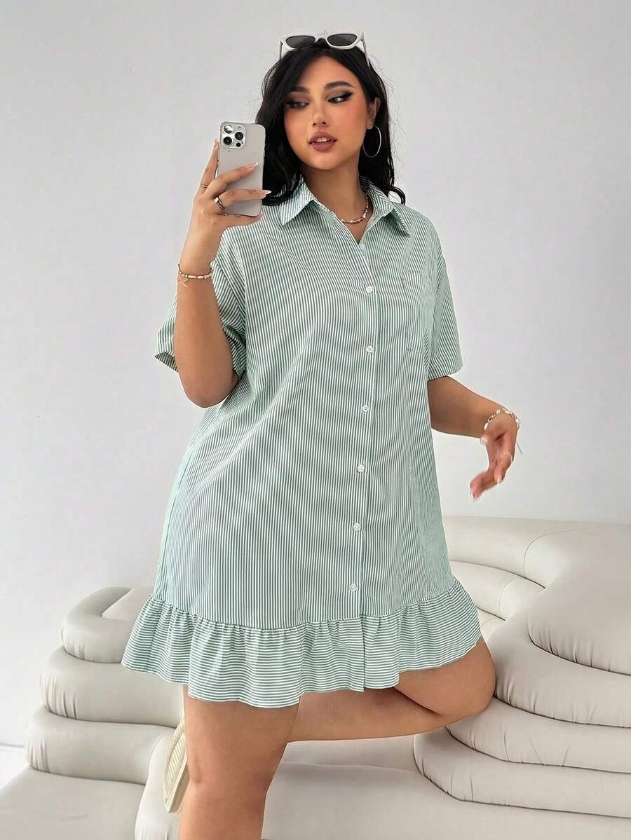 Đầm ngắn tay kẻ sọc xanh hải quân và trắng, phối bèo nhún, dáng rộng, cỡ lớn, thích hợp đi làm, đi học, mặc thường ngày, hẹn hò, đi chơi. - màu xanh lá - Xem 1