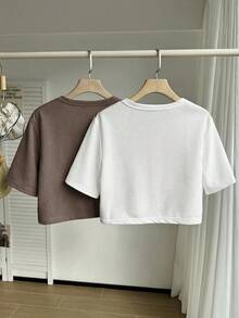 SHEIN EZwear 2pcs/Set Plus Size Women Summer Short Sleeve Open Front Jacket, Black & White Crop Top Jacket Solid Color Tops Cotton Tops Linen Crop Shirts - Brown - View 2