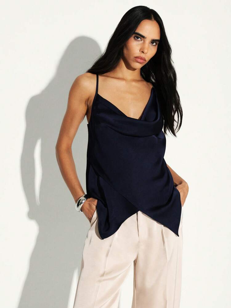 KSTM Asymmetric Draped Cowl Tank Top With Strappy Back Detail Navy Sleeveless Cami
