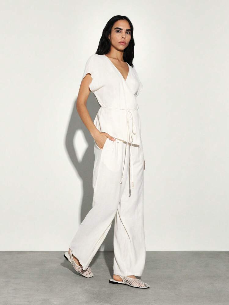 KSTM 여성 린넨 느낌 랩 상의 및 와이드 레그 팬츠 투피스 코디 세트 캐주얼 여름 라운지 의상 V넥 반팔 릴렉스 핏