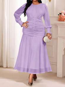 SHEIN Lady CURVE Plus Size Elegant Party Purple  Ruched Waist Dress Summer Dress Spring Dress - Purple - View 2