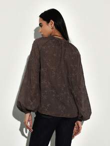 KSTM Blusa de mujer con cuello en V, manga larga, bordado floral, mangas raglán y estilo bohemio de otoño e invierno - Marrón - Ver 2