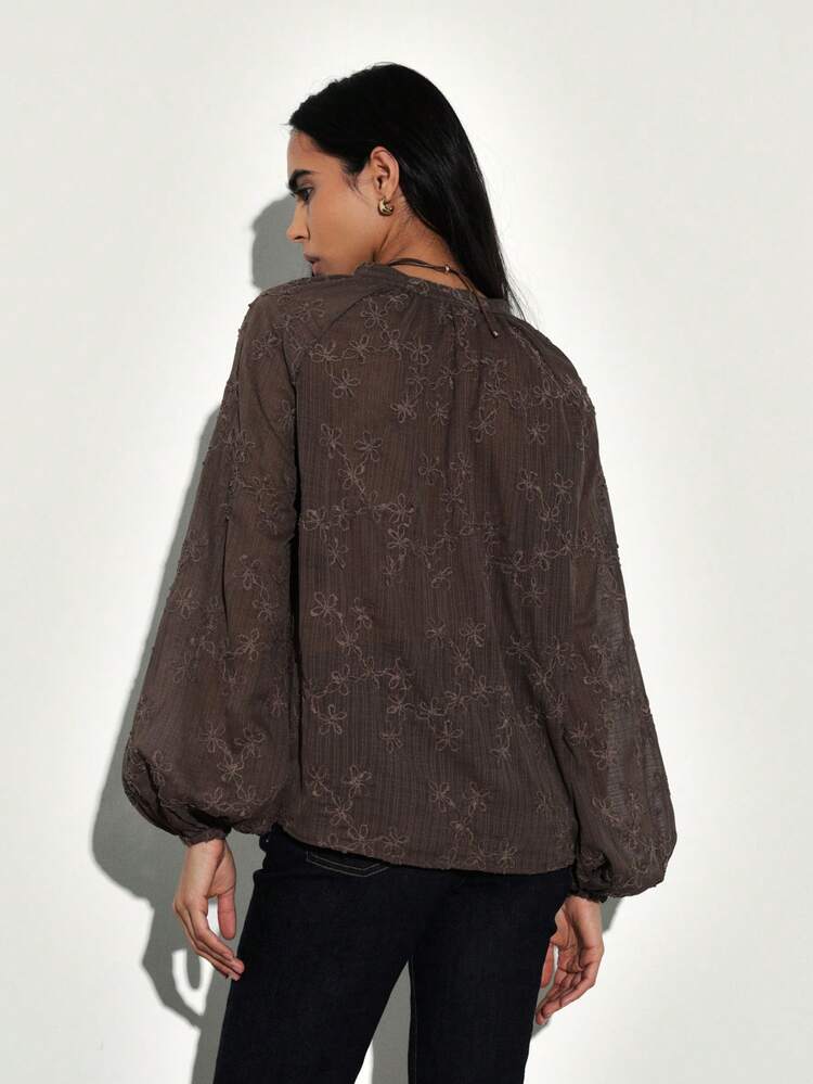 KSTM Women's V-Neck Long Sleeve Floral Embroidered Blouse With Raglan Sleeves And Bohemian Fall Winter Style