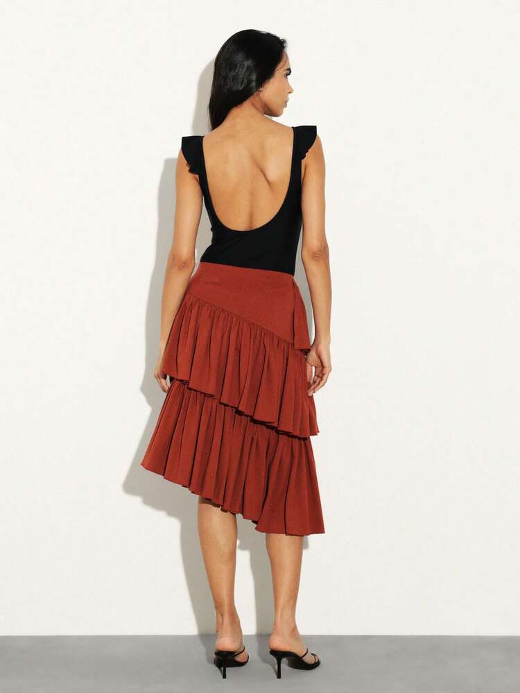 KSTM Women's Tiered Asymmetrical Midi Skirt With Ruffle Layers And High Waist Design For Date Night And Special Occasions