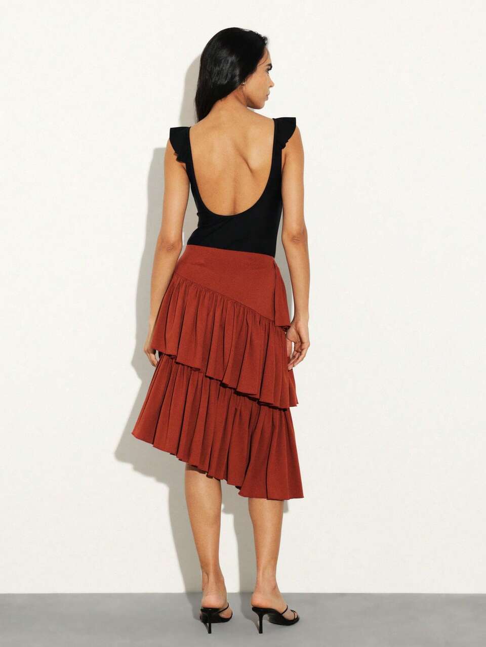 KSTM Women's Tiered Asymmetrical Midi Skirt With Ruffle Layers And High Waist Design For Date Night And Special Occasions