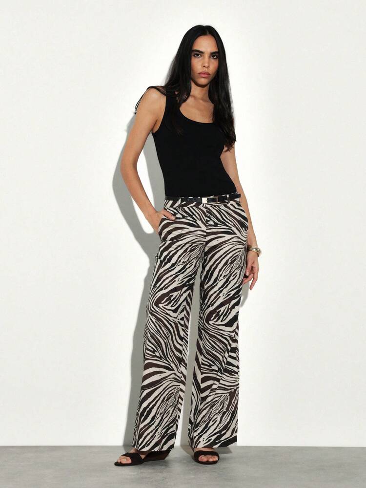 KSTM Calça Palazzo de Cintura Alta e Perna Larga com Estampa de Zebra e Silhueta Fluida para Estilo Casual de Verão