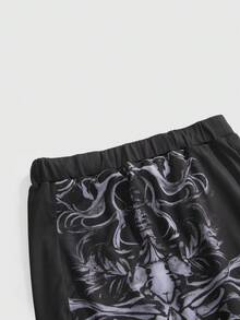 ROMWE Goth 新中国风暗黑哥特骷髅艺术印花露脐上衣和高开衩半身裙套装（女款） - 黑色 - 查看 9