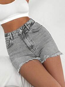 EURMUSE 100%Cotton Mini Heavy Destroy Short With Back Label Detail - Grey - View 7