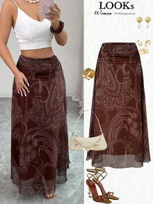 SHEIN Elenzya 女士腰果印花A字裙，魅力十足，适合度假、日常穿着、优雅通勤、时尚约会、法式街头风、复古百搭风，棕色印花，新款春夏长裙 - 棕色 - 查看 9