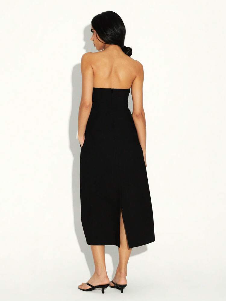 KSTM Strapless Black Midi Dress With Straight Neckline Perfect For Evening Party Wedding Guest Formal Occasions Elegant Sleeveless Design