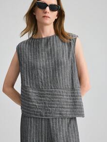 Ontre 女士藏蓝色白条纹衬衫长裤两件套，舒适柔软梭织面料，宽松版型，时尚都市风，商务休闲办公装，优雅婚礼宾客礼服，四季皆宜的百搭奢华品质套装 - 藏蓝色 - 查看 7