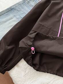 SHEIN EZwear Áo khoác có mũ cỡ lớn màu nâu sô cô la với sọc tương phản - Màu nâu Sô-cô-la - Xem 6