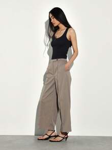 KSTM Women's Elastic Waist Wide Leg Smart Pants Taupe Casual Office Work Trousers Relaxed Fit Palazzo Style - Khaki - View 5