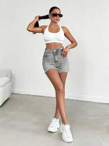 EURMUSE 100%Cotton Mini Heavy Destroy Short With Back Label Detail - Grey - View 3