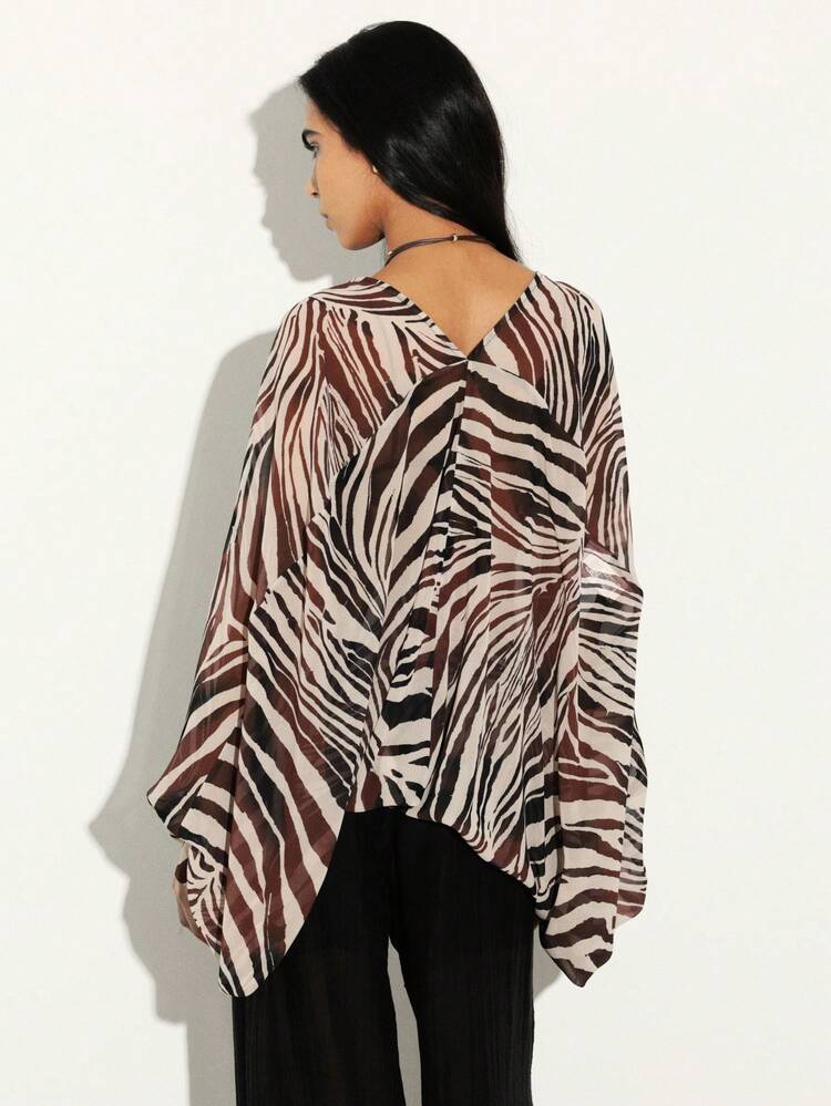 KSTM Zebra Print Chiffon Blouse With Lace Up Front V Neck Long Sleeves Bohemian Festival Top Flowing Asymmetrical Hem Animal Print