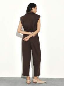 KSTM Sleeveless Utility Jumpsuit With Chest Pockets And Belted Waist For Casual Everyday Wear - Brown - View 2