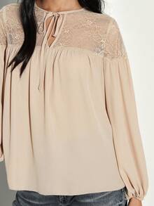 KSTM Boho Lace Yoke Peasant Blouse Long Sleeve Tie Neck Flowy Top Fall Spring Feminine Vintage Style - Camel - View 4