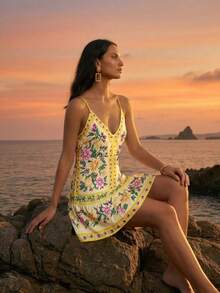 CAJUNI Váy ngắn Carioca họa tiết hoa lãng mạn - Màu vàng - Xem 5