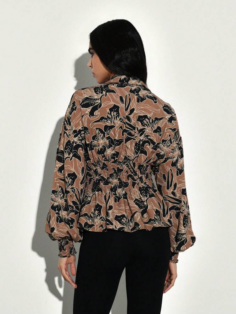 KSTM Blusa con maniche a palloncino e stampa floreale, vita smockata, scollo a V, manica lunga, camicia di moda per autunno e primavera