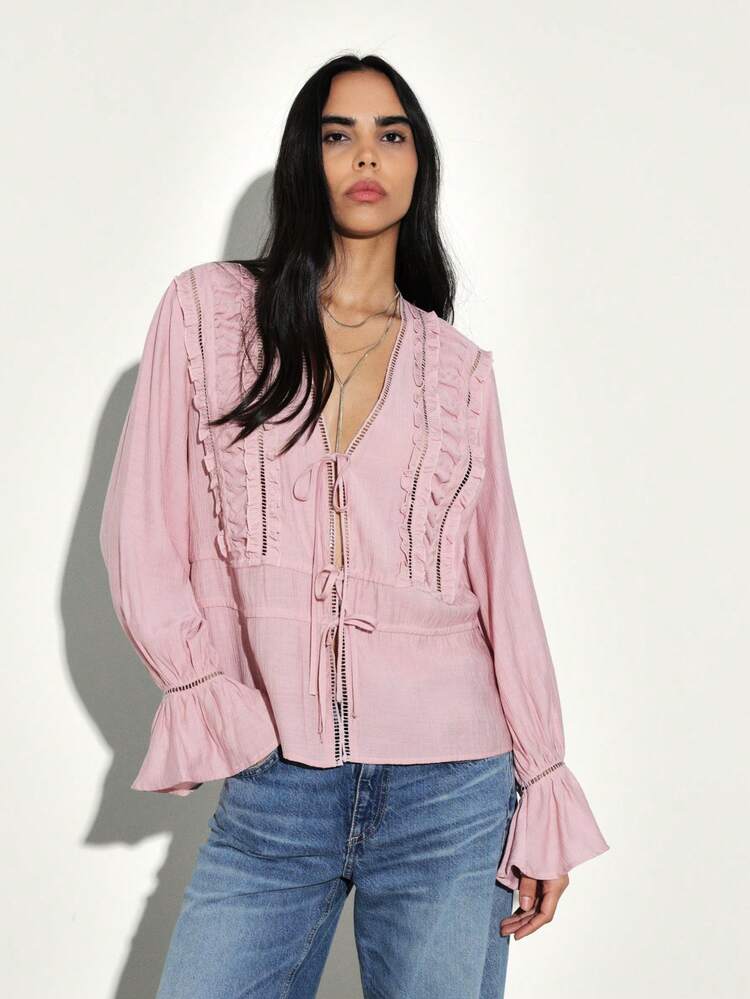 KSTM Women Tie Front Ruffle Trimmed Blouse With Bell Sleeves Deep V Neck Long Sleeve Casual Feminine Top