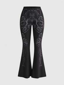 ROMWE Gothic Skeleton Print Sheer Flare Pants For Women - Black - View 1