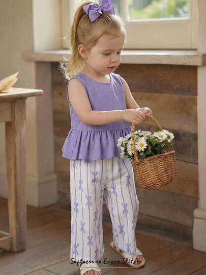 Cozy Pixies 2pcs Baby Girl Solid Color Round Neck Ruffle Sleeveless Top And Elastic Waist Pants Set