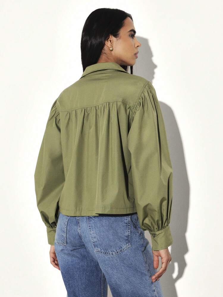 KSTM Gathered Sleeve Button Up Blouse Long Sleeve Casual Shirt Spring Office Work Top