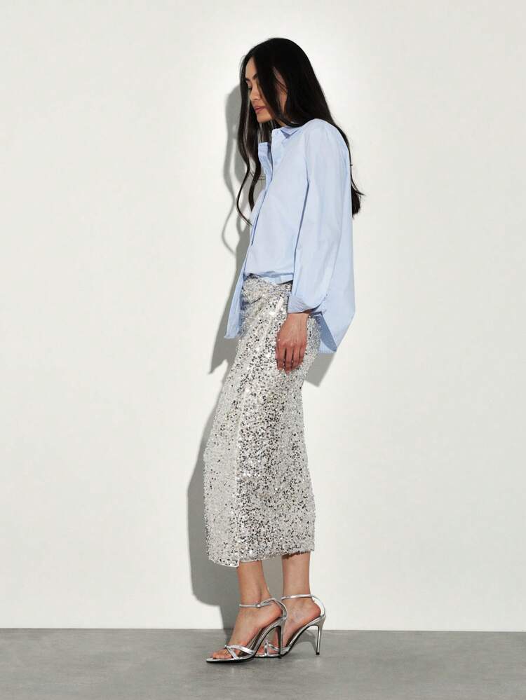 KSTM Sequin Midi Pencil Skirt With Shimmer Texture High Waist Column Silhouette Party Evening Formal Occasion Wear